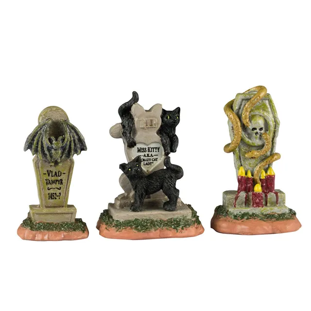 lemax-spooky-town-headstones-grabstein-deko-mit-skelett-und-schwarzen-katzen image 1