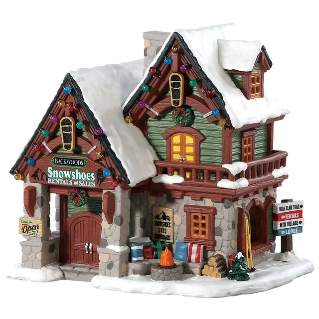 lemax-backwoods-snowshoe-rental-shop-beleuchtetes-miniatur-dorfhaus image 1
