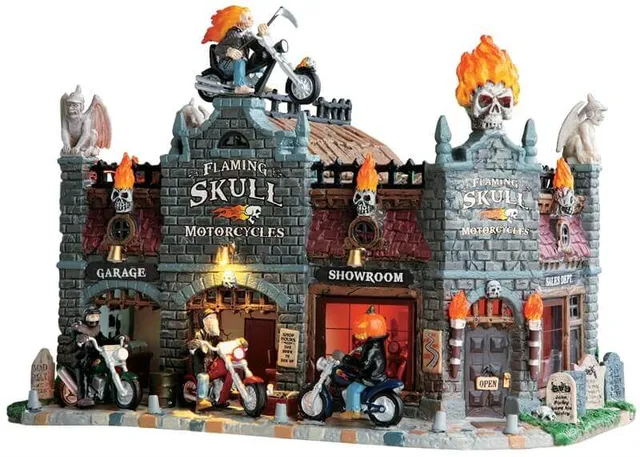 lemax-flaming-skull-motorcycles-spooky-town-set image 1